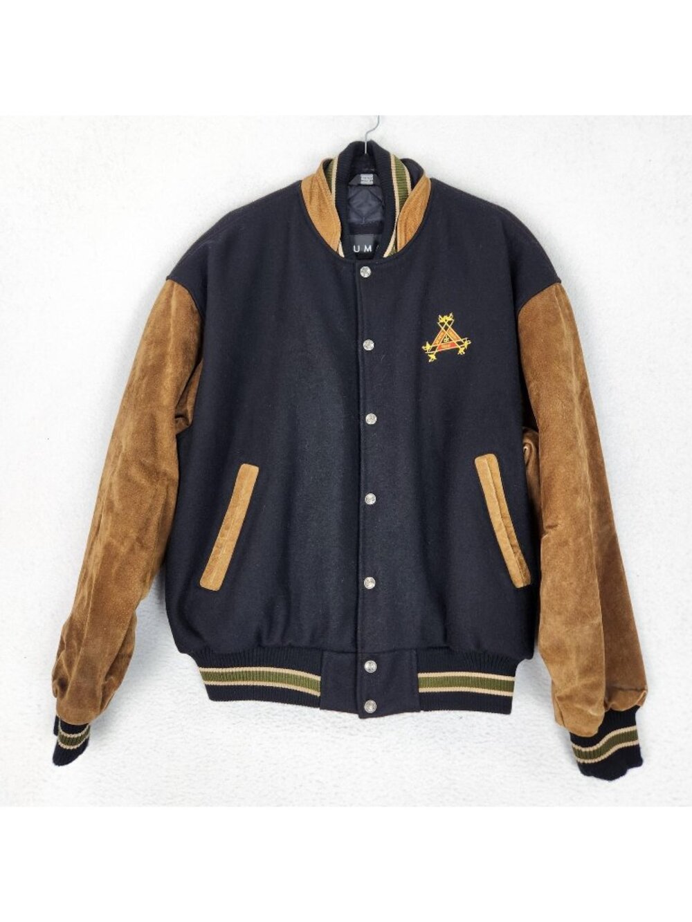 SUMAC Jacket Mens Large Black Wool Varsity Leather Sleeve Monte Cristo Crest